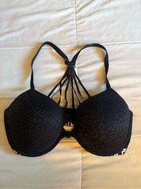 PINK Victoria's Secret Black Strappy Leopard-Textured Push-Up Bra